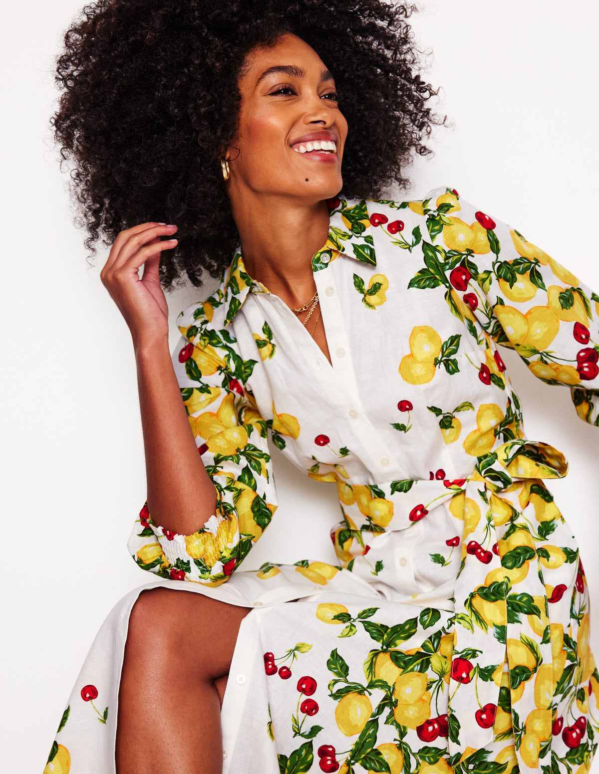 Clara Linen Blend Shirt Dress-Ivory, Cherries and Lemons - Image 1