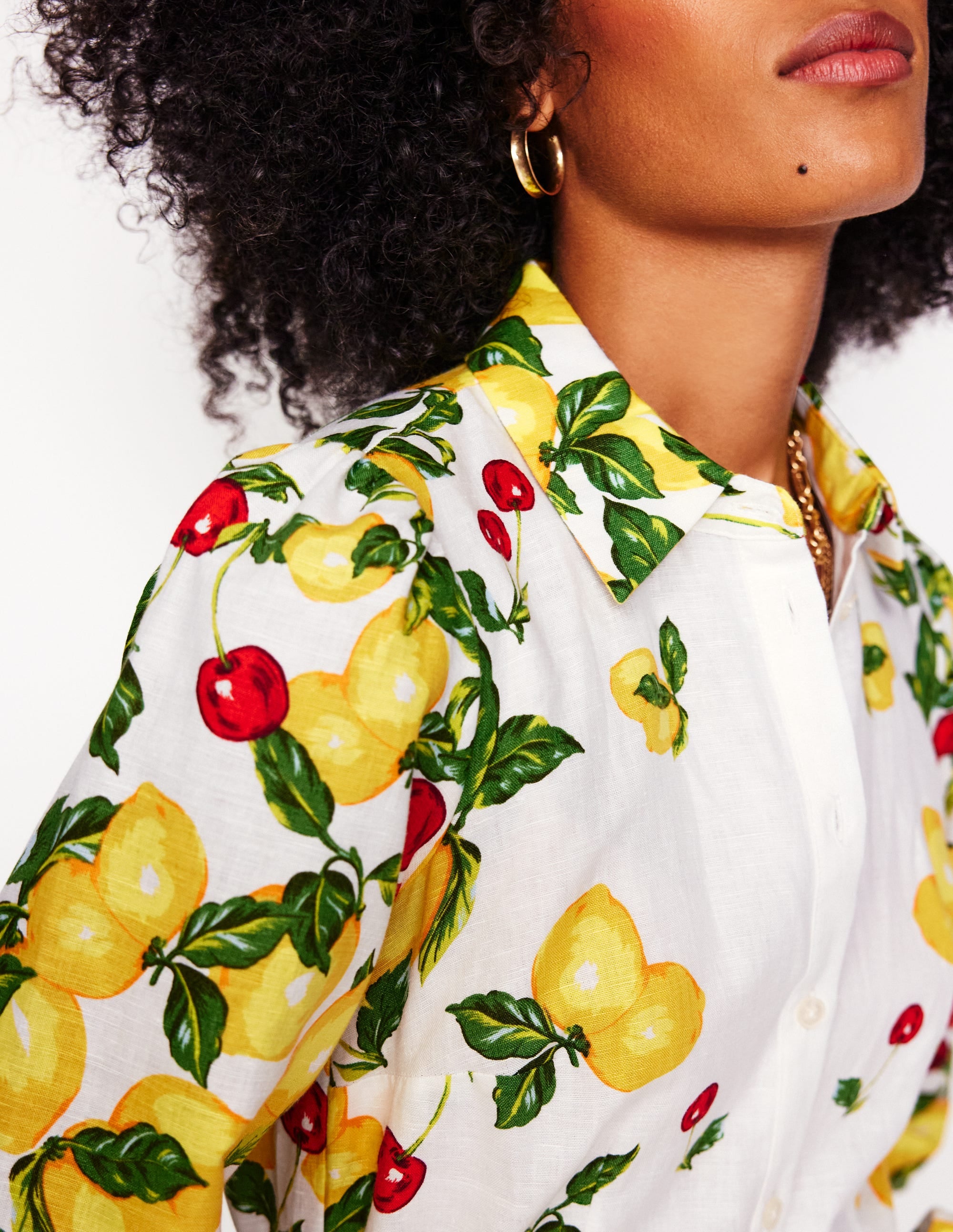 Clara Linen Blend Shirt Dress-Ivory, Cherries and Lemons - Image 3