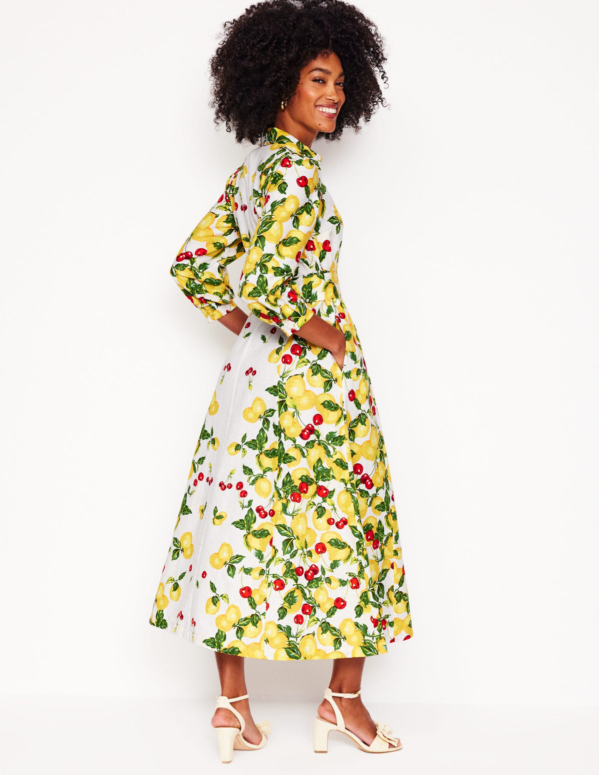 Clara Linen Blend Shirt Dress-Ivory, Cherries and Lemons - Image 4
