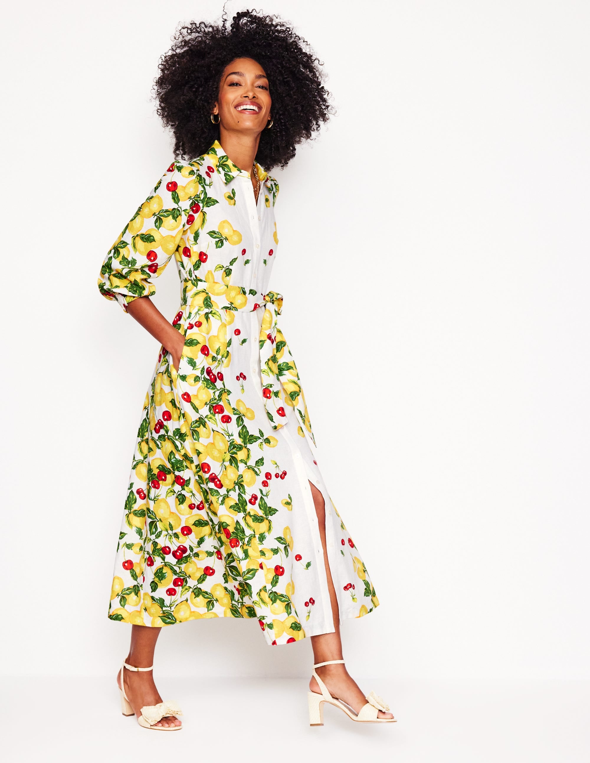 Clara Linen Blend Shirt Dress-Ivory, Cherries and Lemons - Image 5