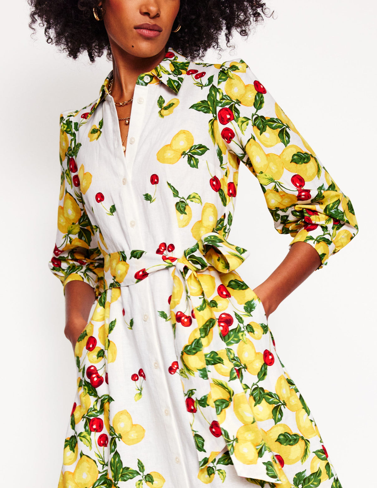 Clara Linen Blend Shirt Dress-Ivory, Cherries and Lemons - Image 6