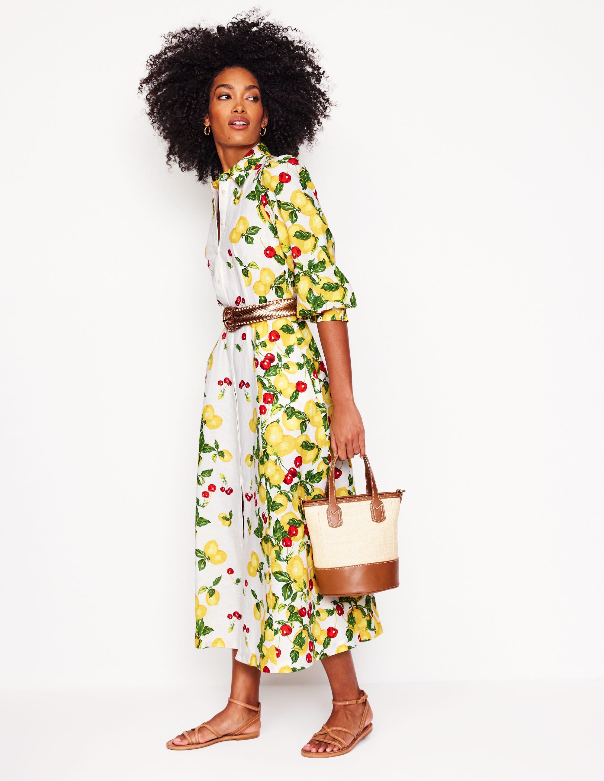 Clara Linen Blend Shirt Dress-Ivory, Cherries and Lemons - Image 7