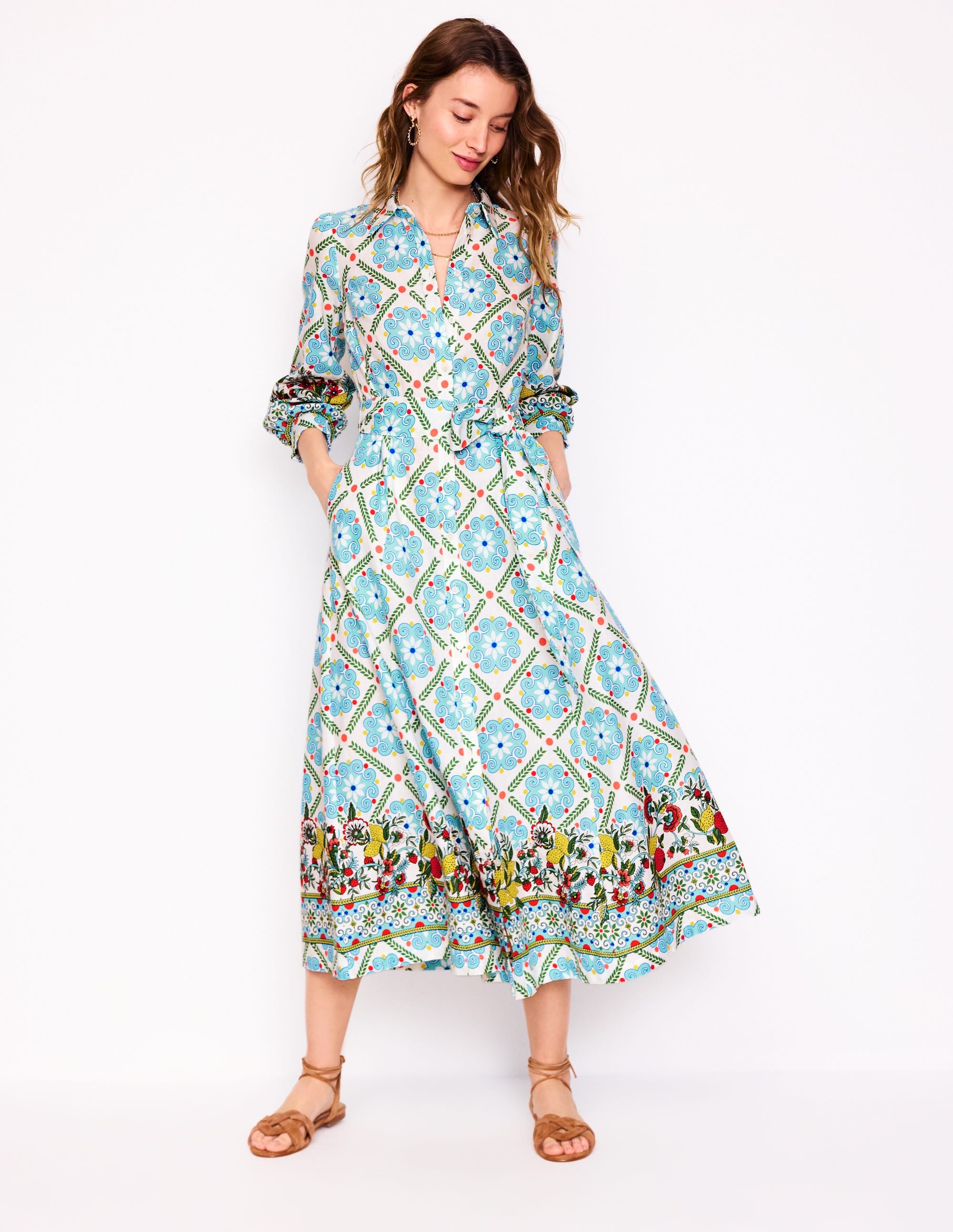 Clara Linen Blend Shirt Dress-Multi, Citrus Vine Tile - Image 4