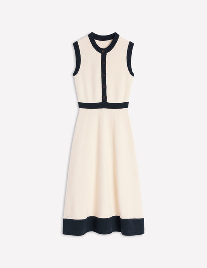 Crochet Trim Knitted Dress-Ivory, Navy