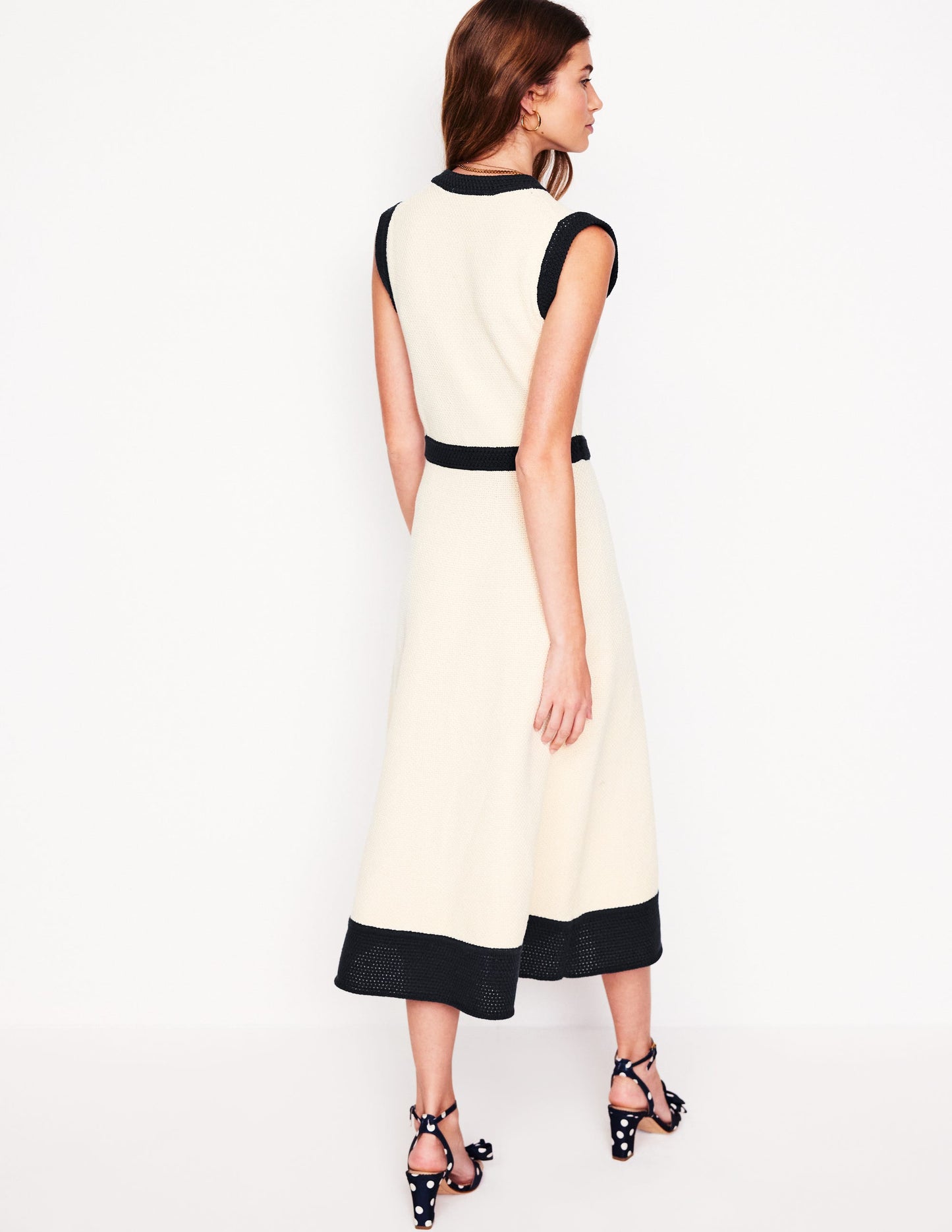 Crochet Trim Knitted Dress-Ivory, Navy