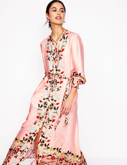 Ruby Collarless Shirt Dress-Pink, Bird Paradise