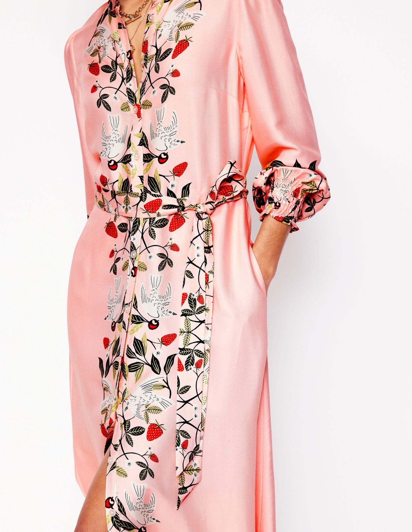 Ruby Collarless Shirt Dress-Pink, Bird Paradise