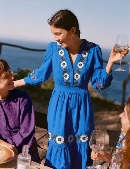 Elena Double Cloth Midi Dress-Blue Embroidery-2