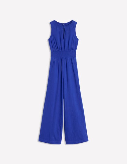 Smocked Double Cloth Jumpsuit-Bright Blue