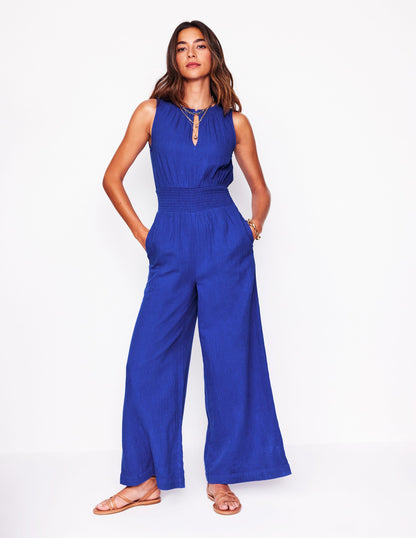 Smocked Double Cloth Jumpsuit-Bright Blue