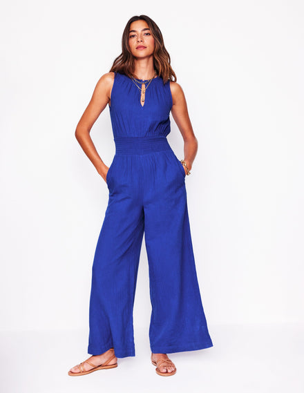 Smocked Double Cloth Jumpsuit-Bright Blue