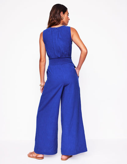 Smocked Double Cloth Jumpsuit-Bright Blue