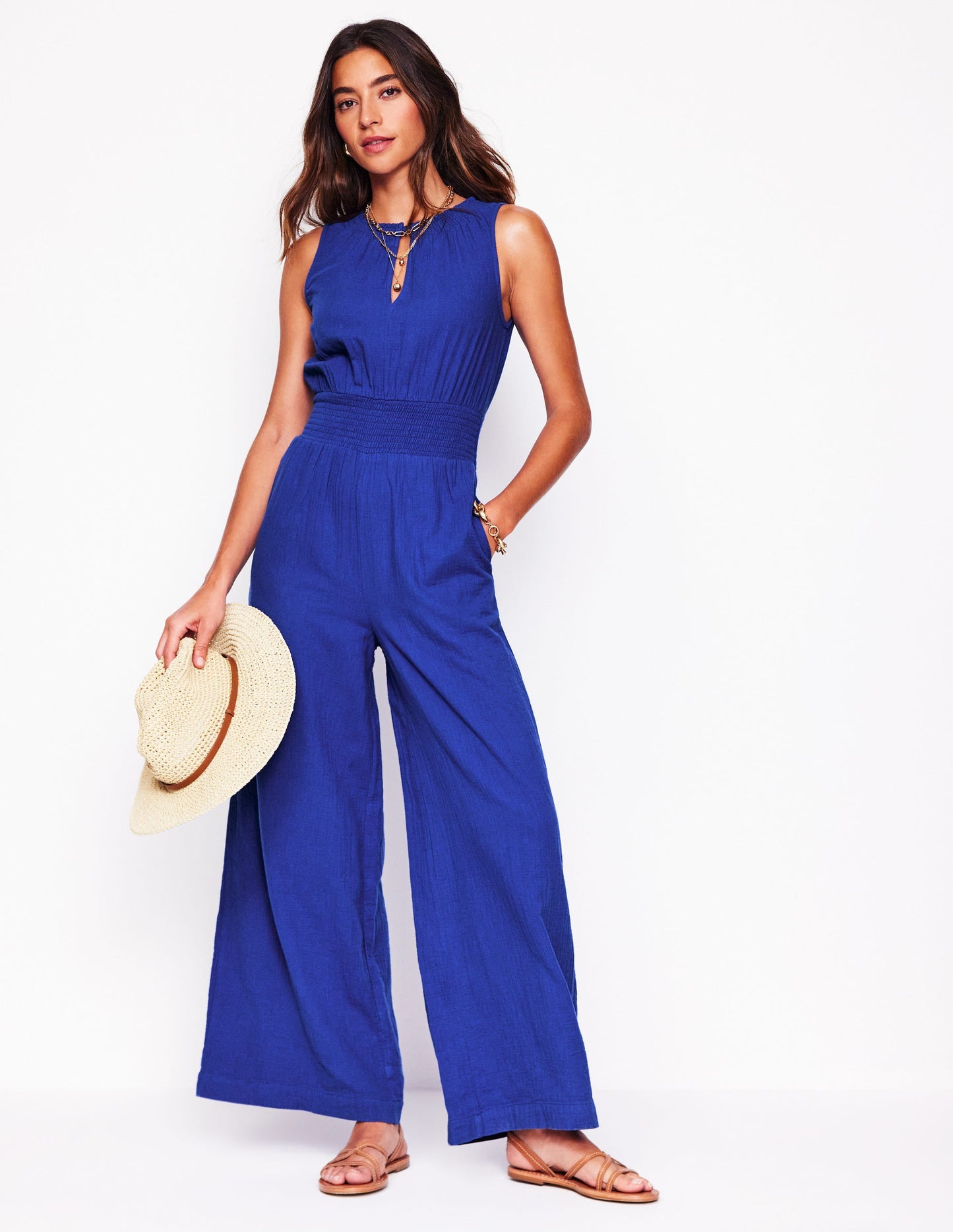 Smocked Double Cloth Jumpsuit-Bright Blue