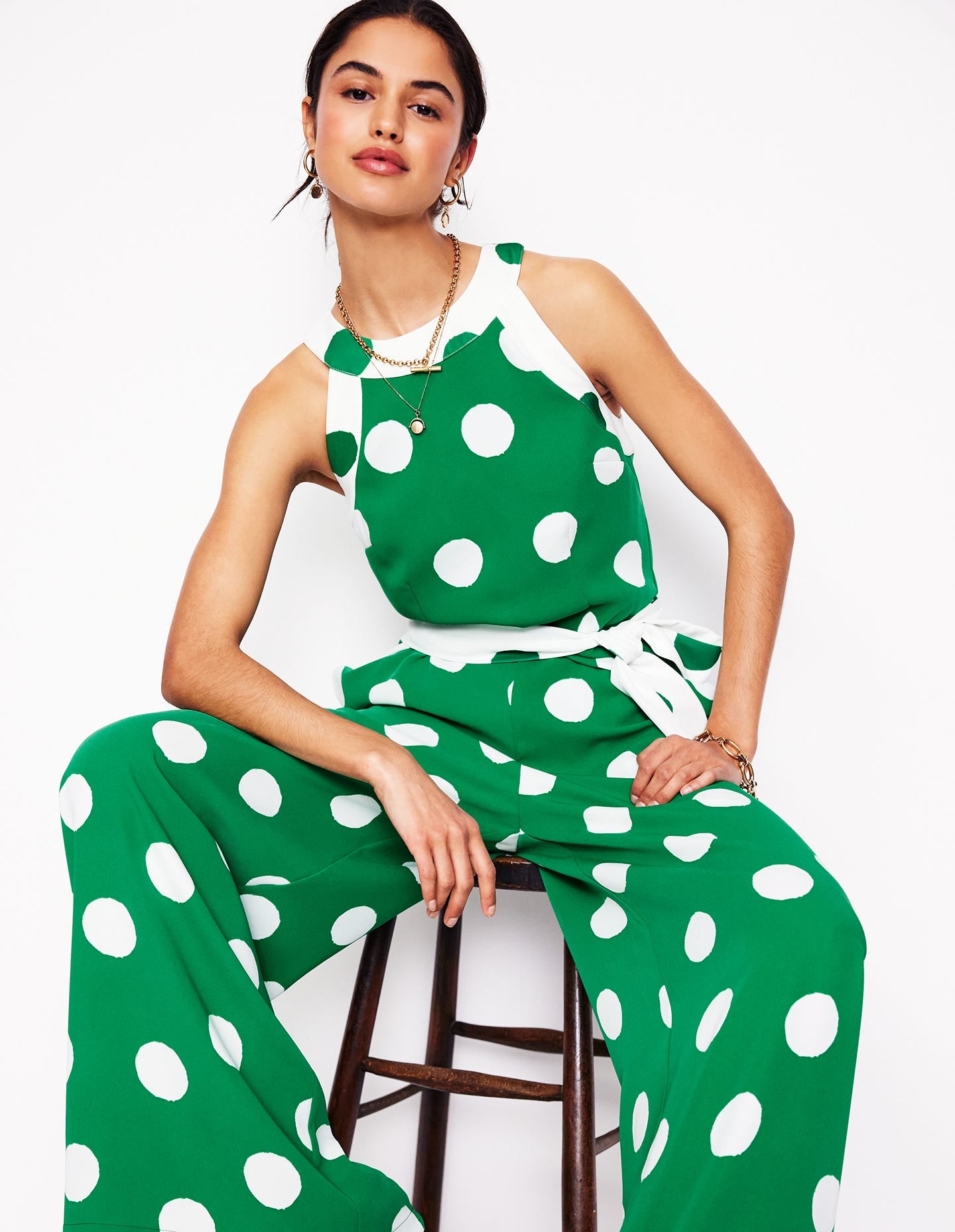 Colourblock Halter Jumpsuit-Rich Emerald, Abstract Dot