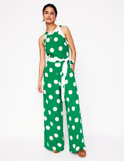 Colourblock Halter Jumpsuit-Rich Emerald, Abstract Dot