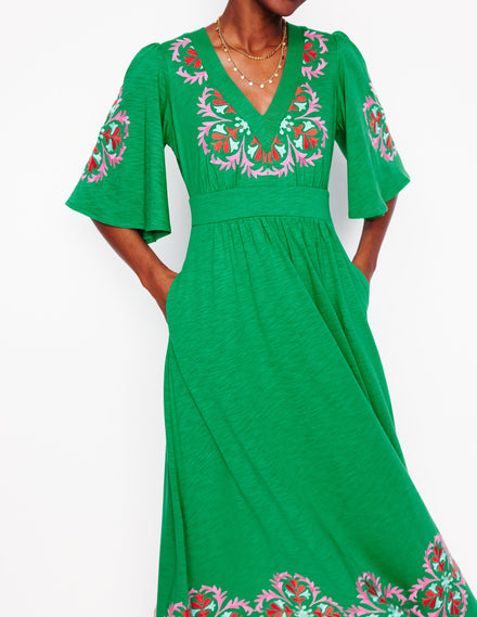 Maya Embroidered Kimono Dress-Rich Emerald, Embroidered