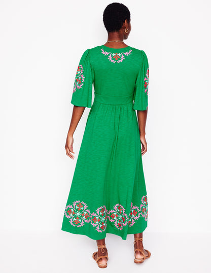 Maya Embroidered Kimono Dress-Rich Emerald, Embroidered