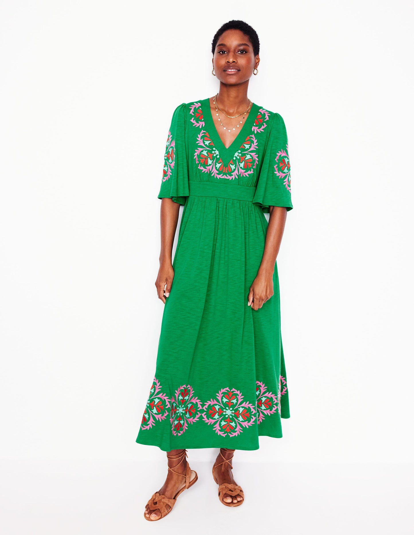 Maya Embroidered Kimono Dress-Rich Emerald, Embroidered