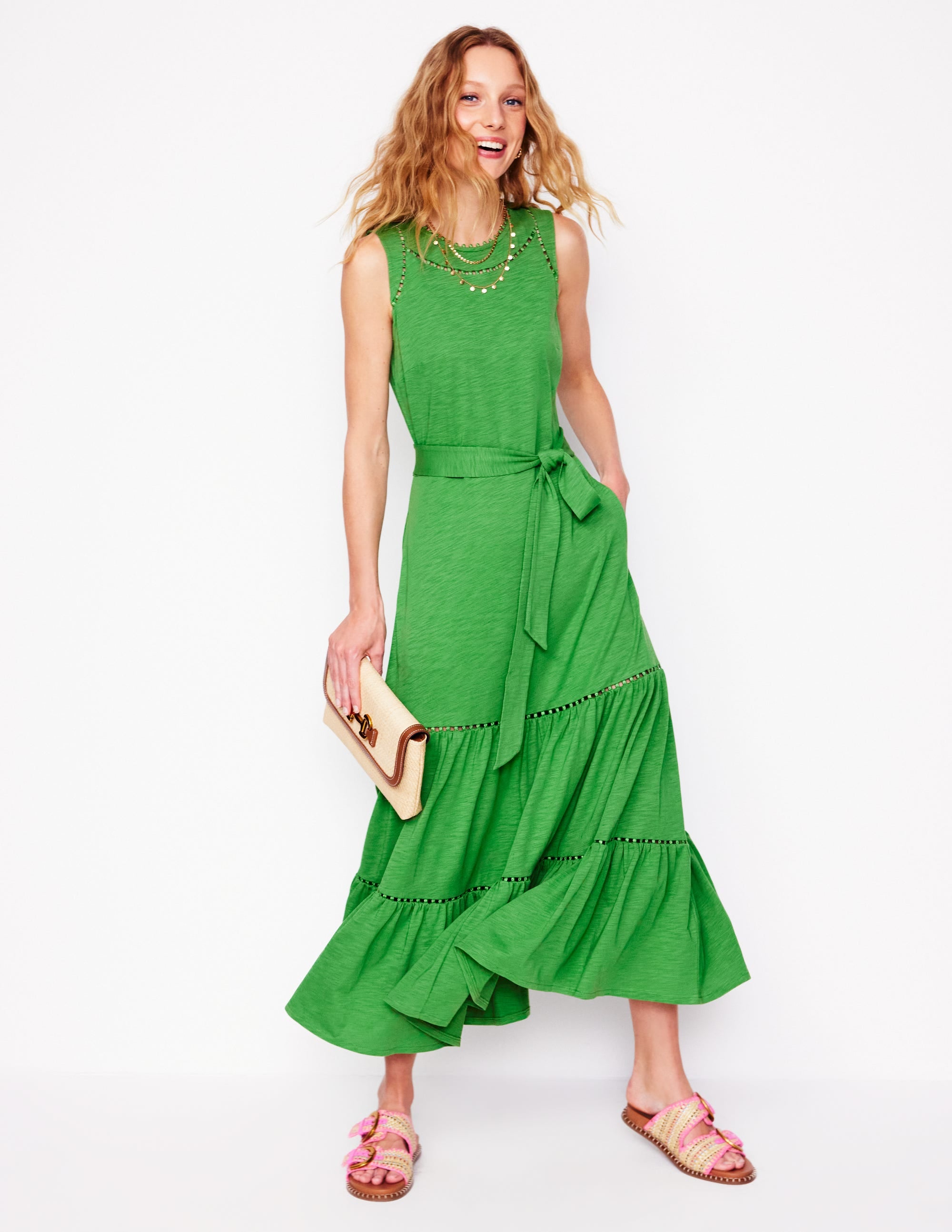 Mila Trim Tiered Jersey Dress-Paradise Green - Image 1
