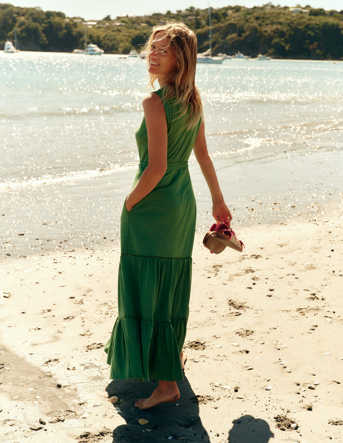 Mila Trim Tiered Jersey Dress-Paradise Green - Image 3