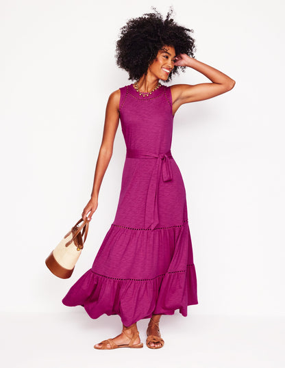 Mila Trim Tiered Jersey Dress-Fuschia