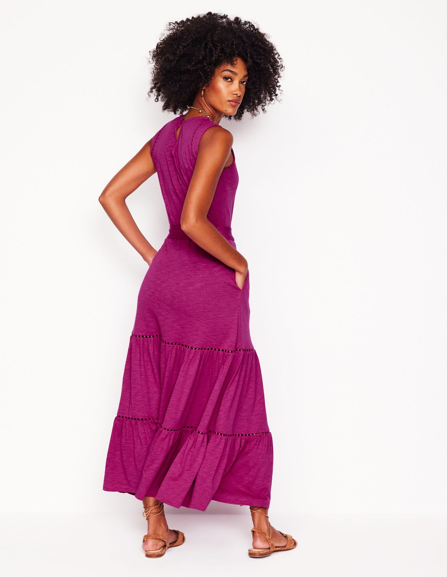 Mila Trim Tiered Jersey Dress-Fuschia