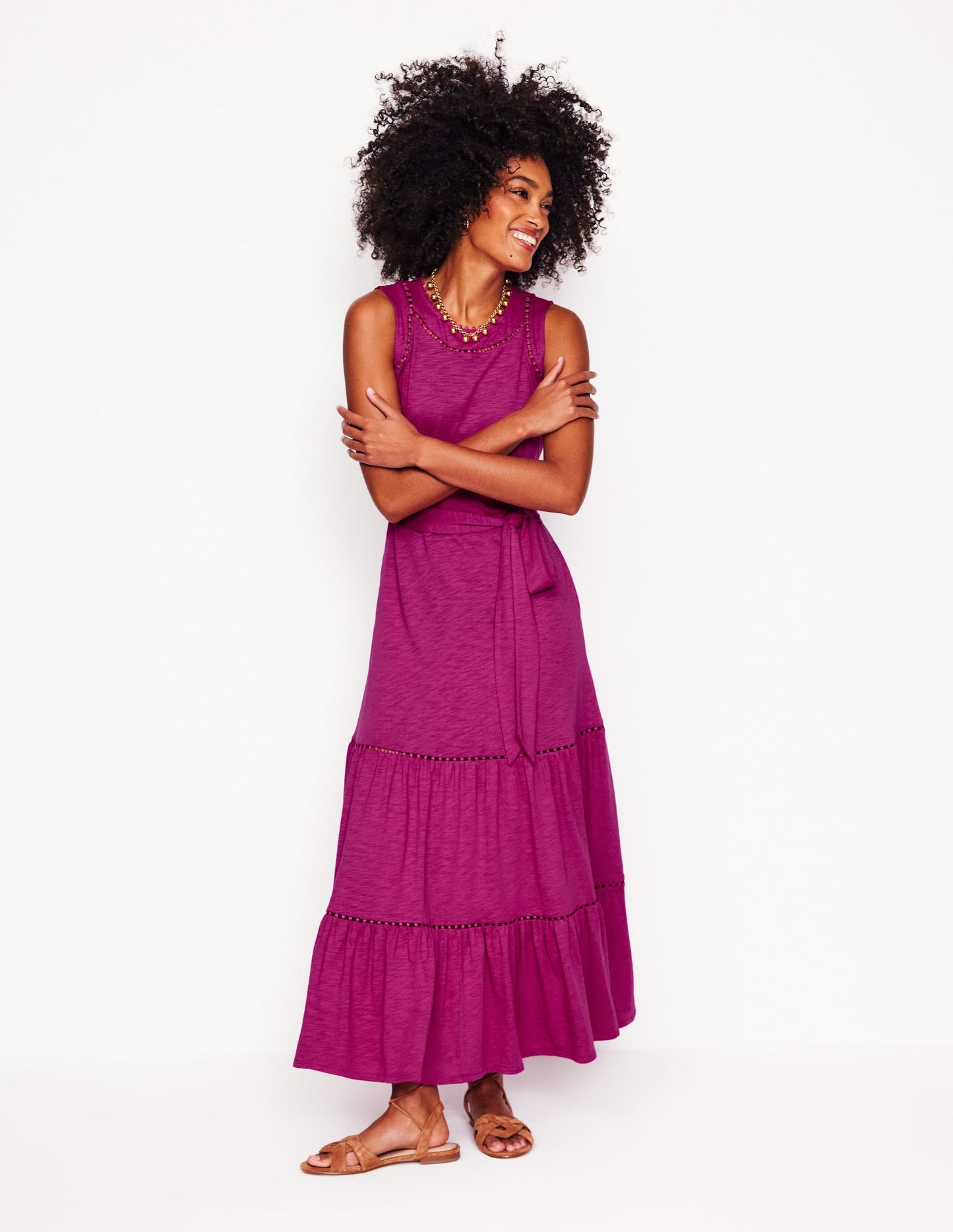 Mila Trim Tiered Jersey Dress-Fuschia