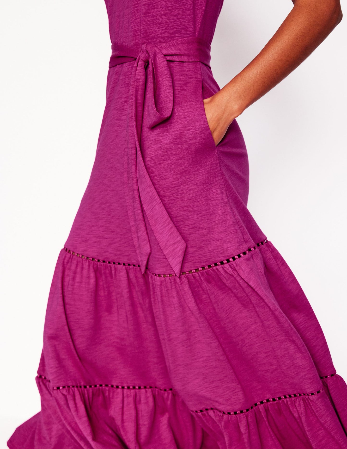 Mila Trim Tiered Jersey Dress-Fuschia