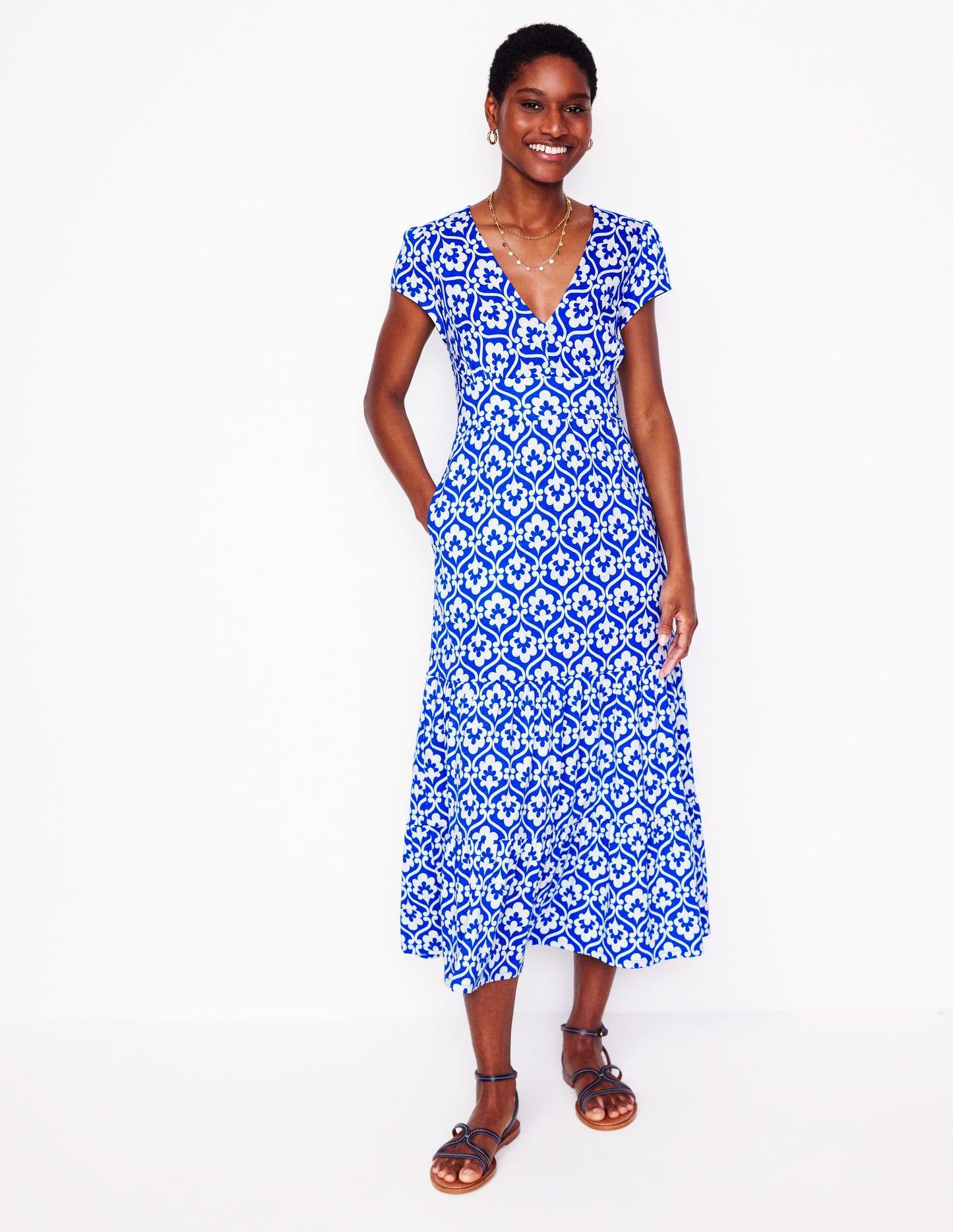 Eloise Tiered Jersey Dress-Gallery Blue, Ivy Trellis