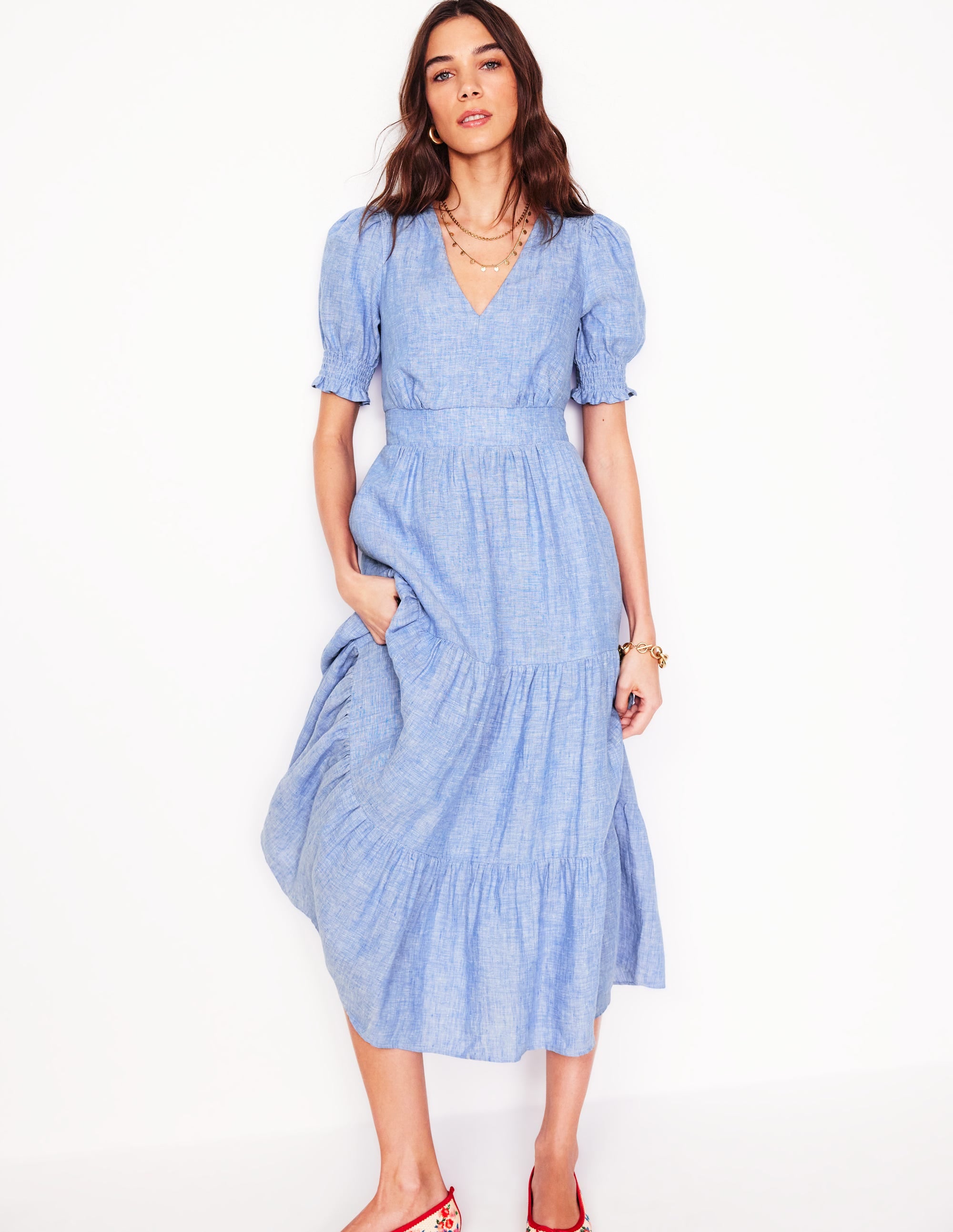 Anna Linen Tiered Midi Dress-Summer Blue Chambray - Image 1
