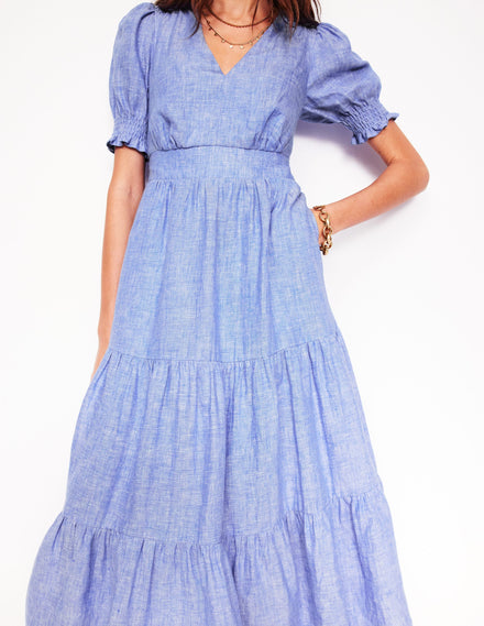 Anna Linen Tiered Midi Dress-Summer Blue Chambray