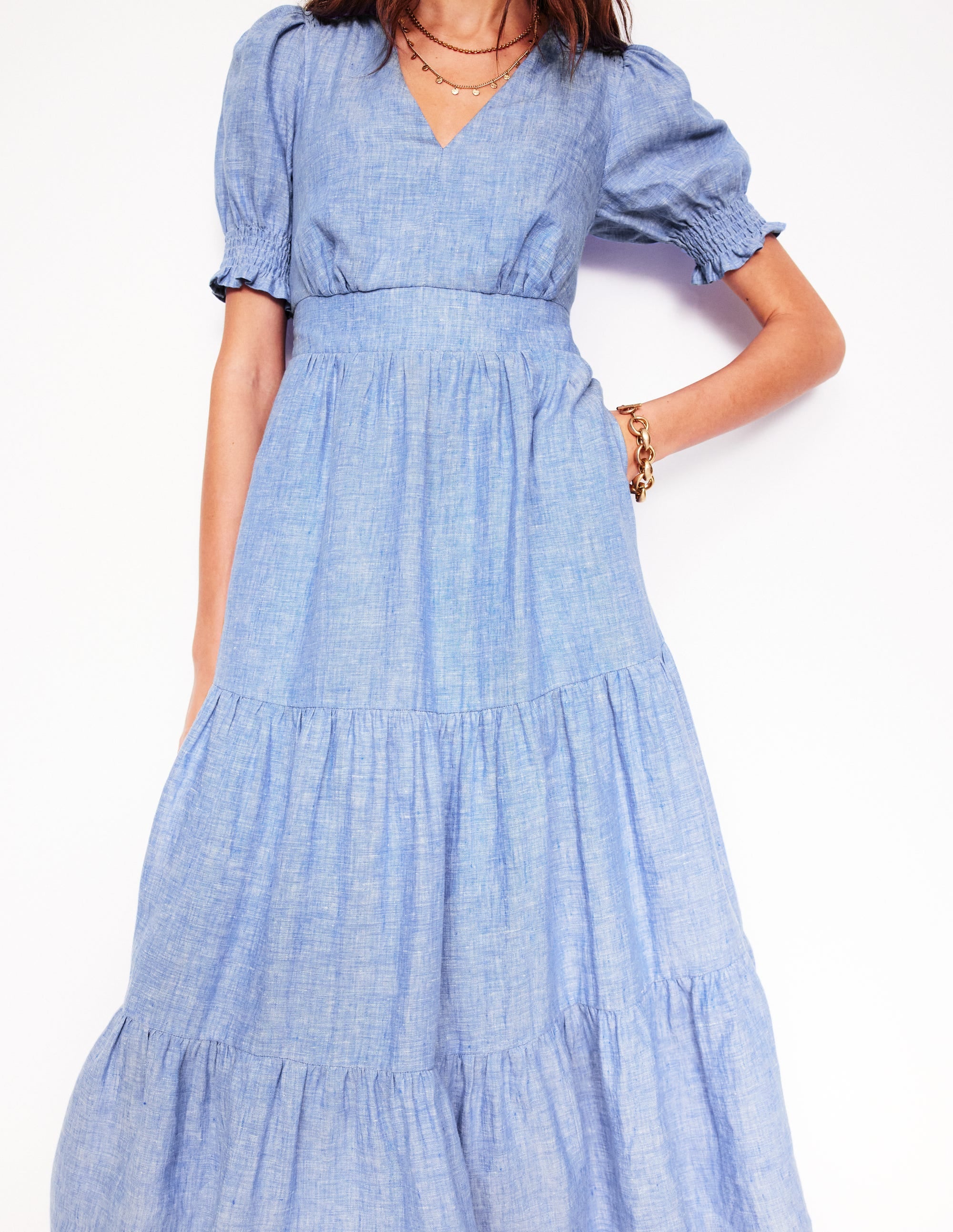 Anna Linen Tiered Midi Dress-Summer Blue Chambray - Image 2