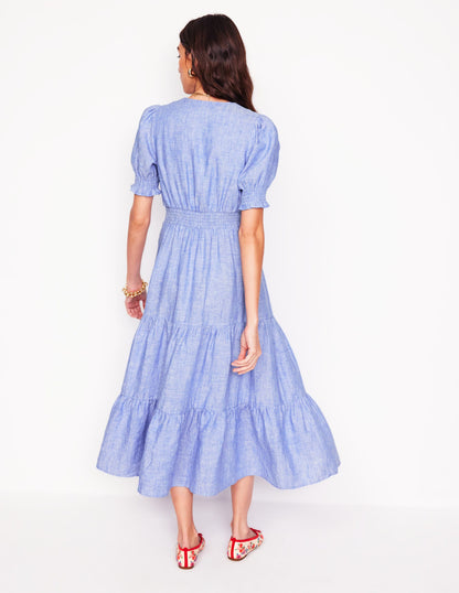 Anna Linen Tiered Midi Dress-Summer Blue Chambray