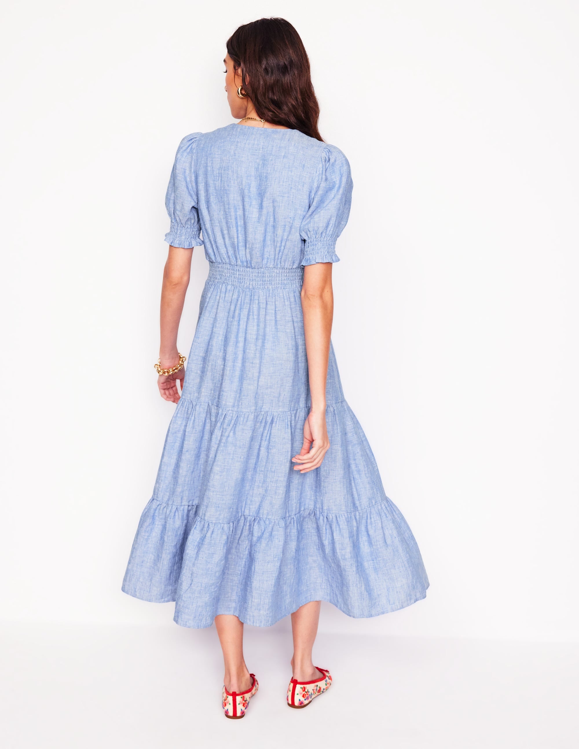Anna Linen Tiered Midi Dress-Summer Blue Chambray - Image 3