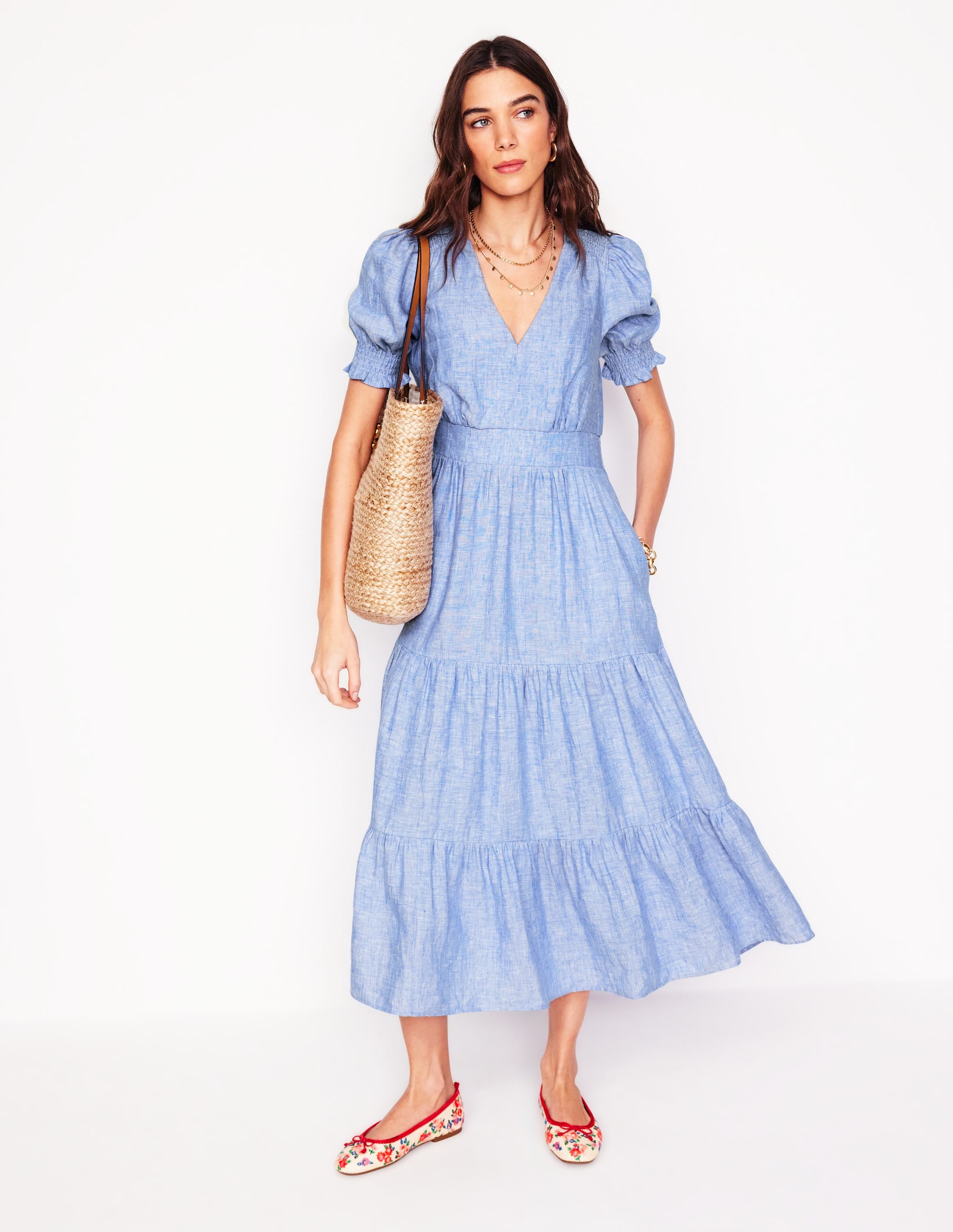 Anna Linen Tiered Midi Dress-Summer Blue Chambray - Image 4