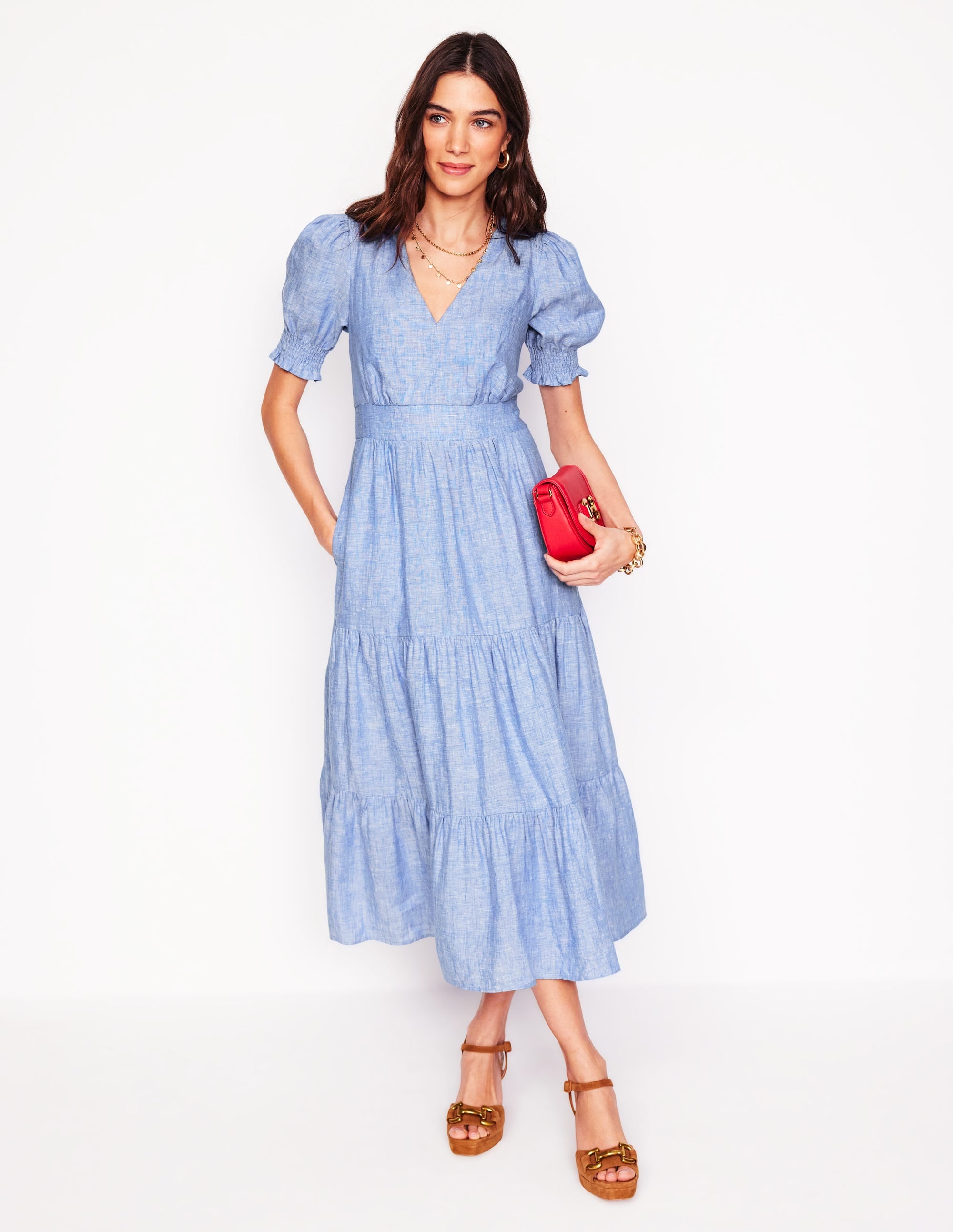 Anna Linen Tiered Midi Dress-Summer Blue Chambray - Image 5