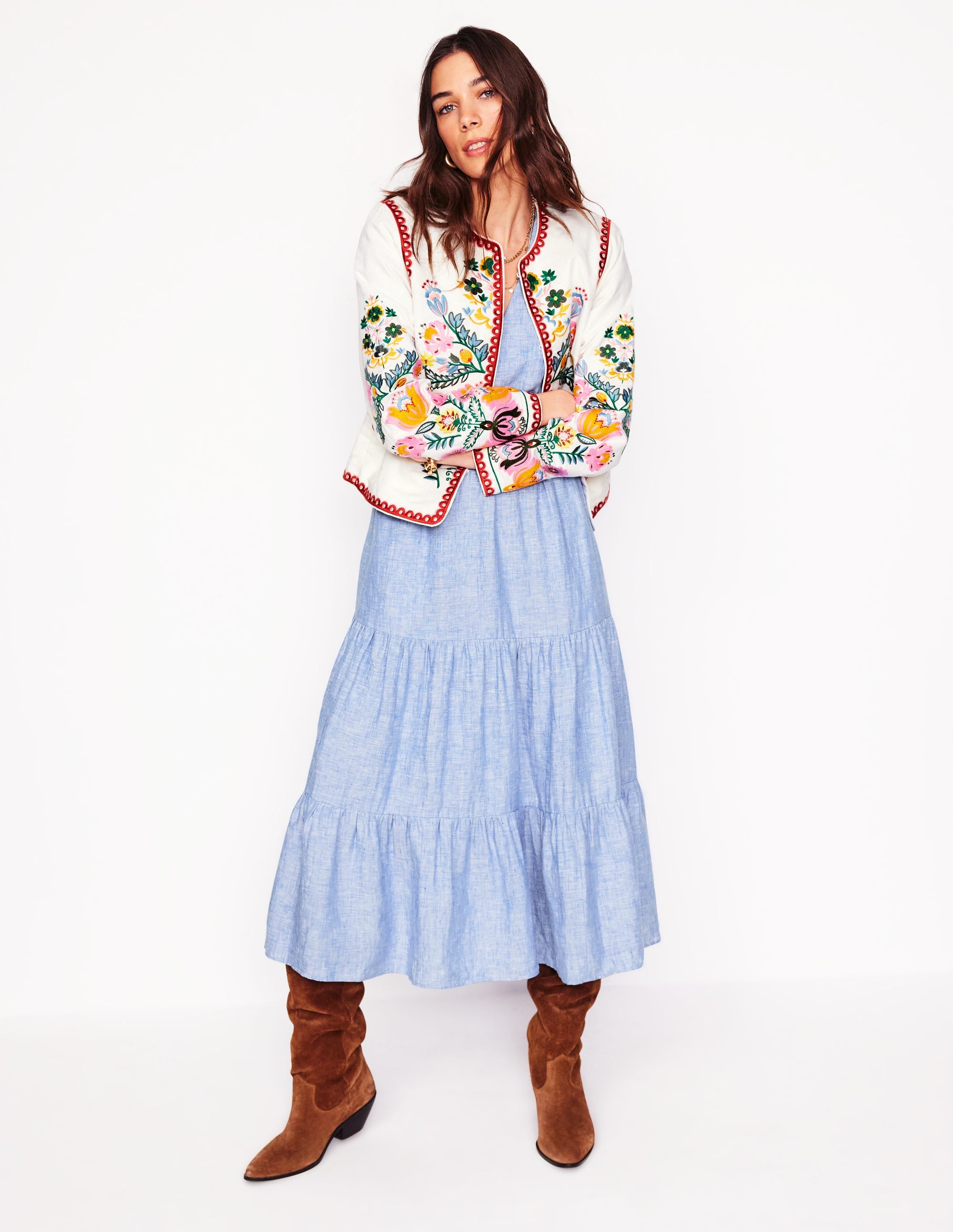 Anna Linen Tiered Midi Dress-Summer Blue Chambray - Image 6