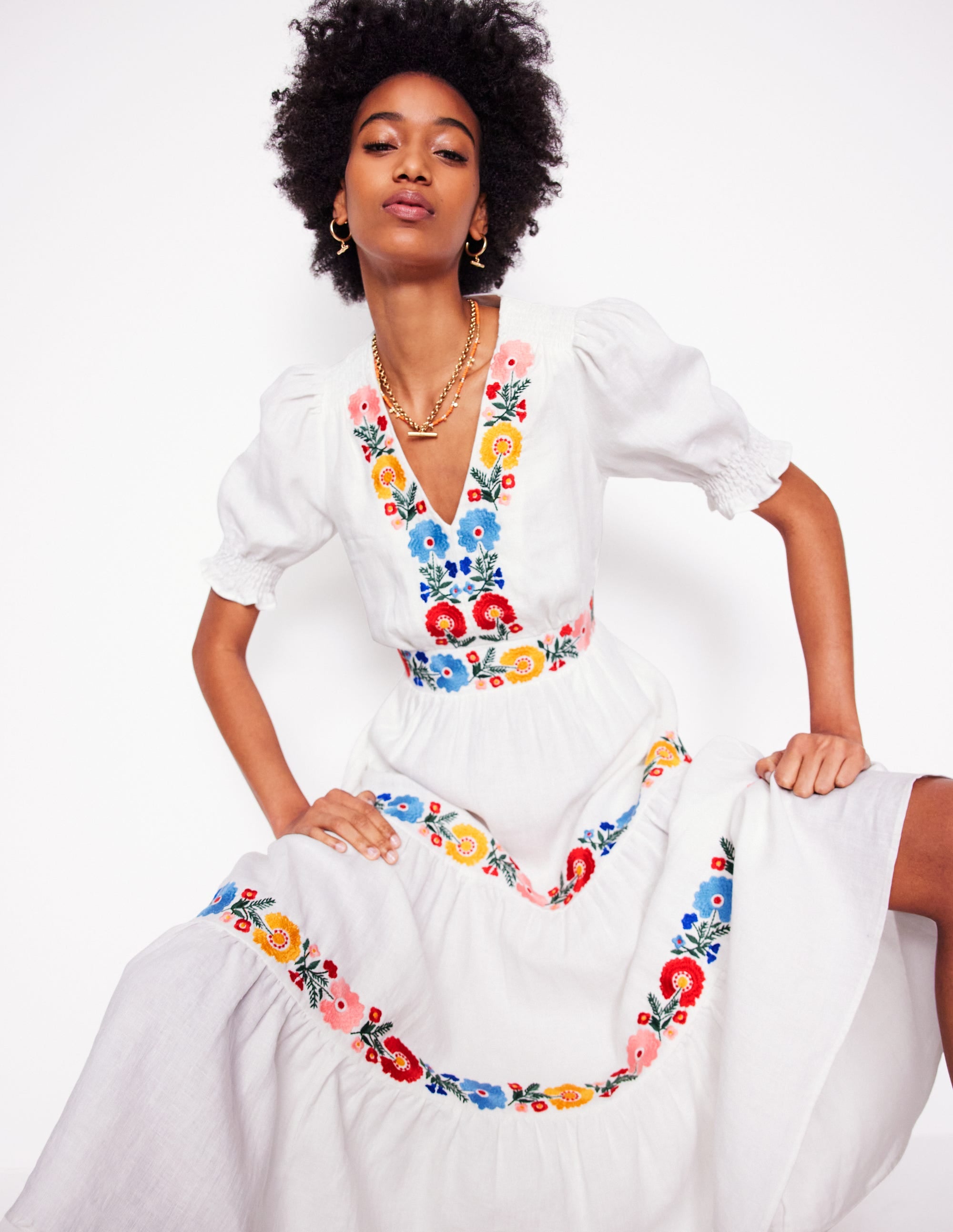 Anna Linen Tiered Midi Dress-White, Multi Embroidery - Image 1