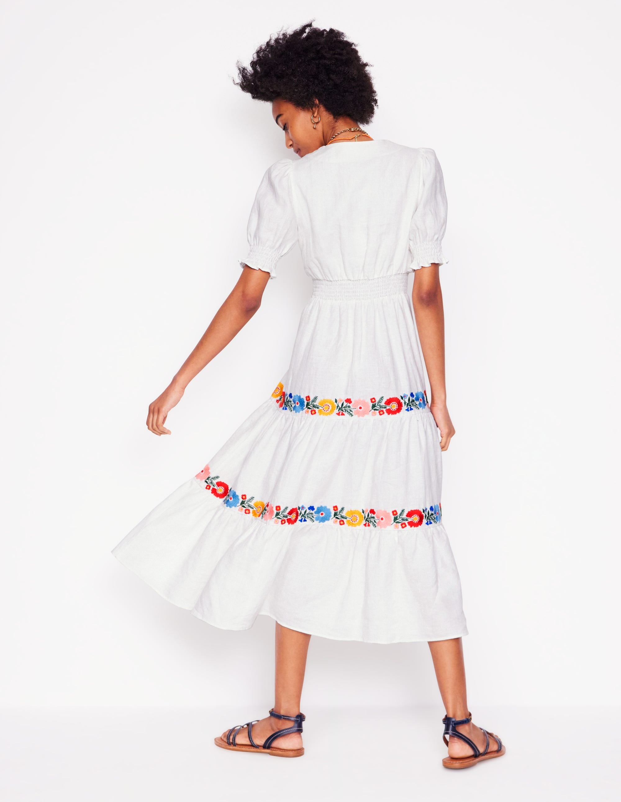 Anna Linen Tiered Midi Dress-White, Multi Embroidery - Image 5