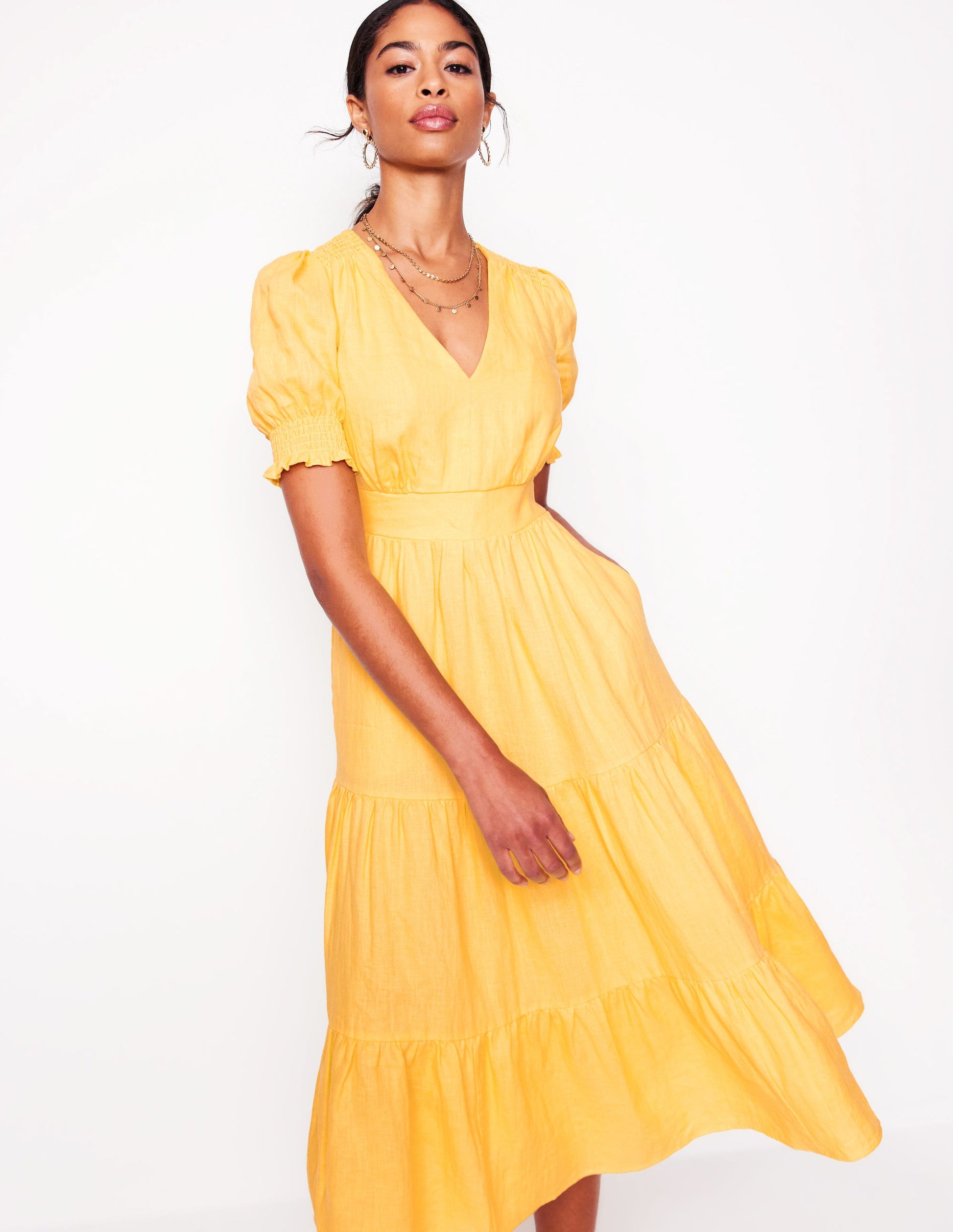 Women's Dresses Yellow Mid Length Dress Anna Linen Tiered Midi Dress-Buttermilk Yellow Boden USA Women's Dresses Yellow Mid Length Dress Anna Linen Tiered Midi Dress-Buttermilk Yellow Boden USA