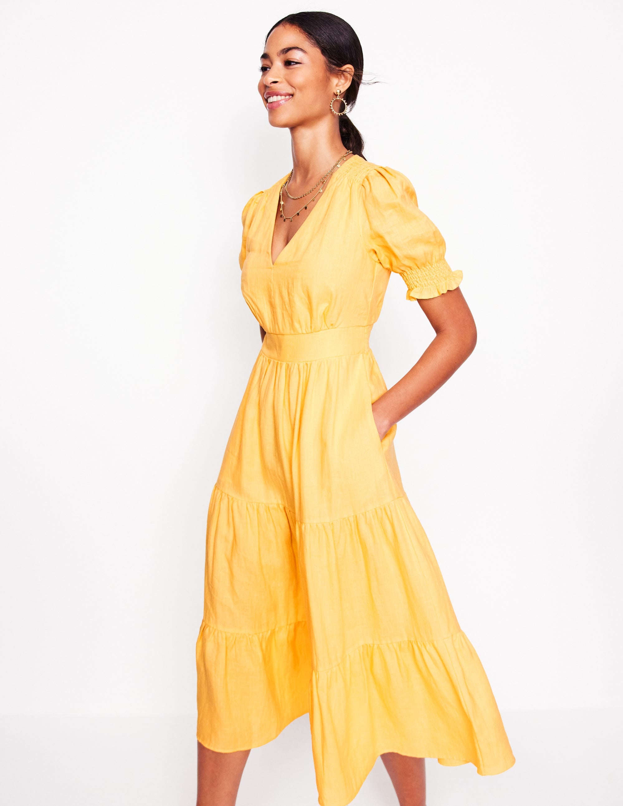 Anna Linen Tiered Midi Dress-Buttermilk Yellow - Image 5
