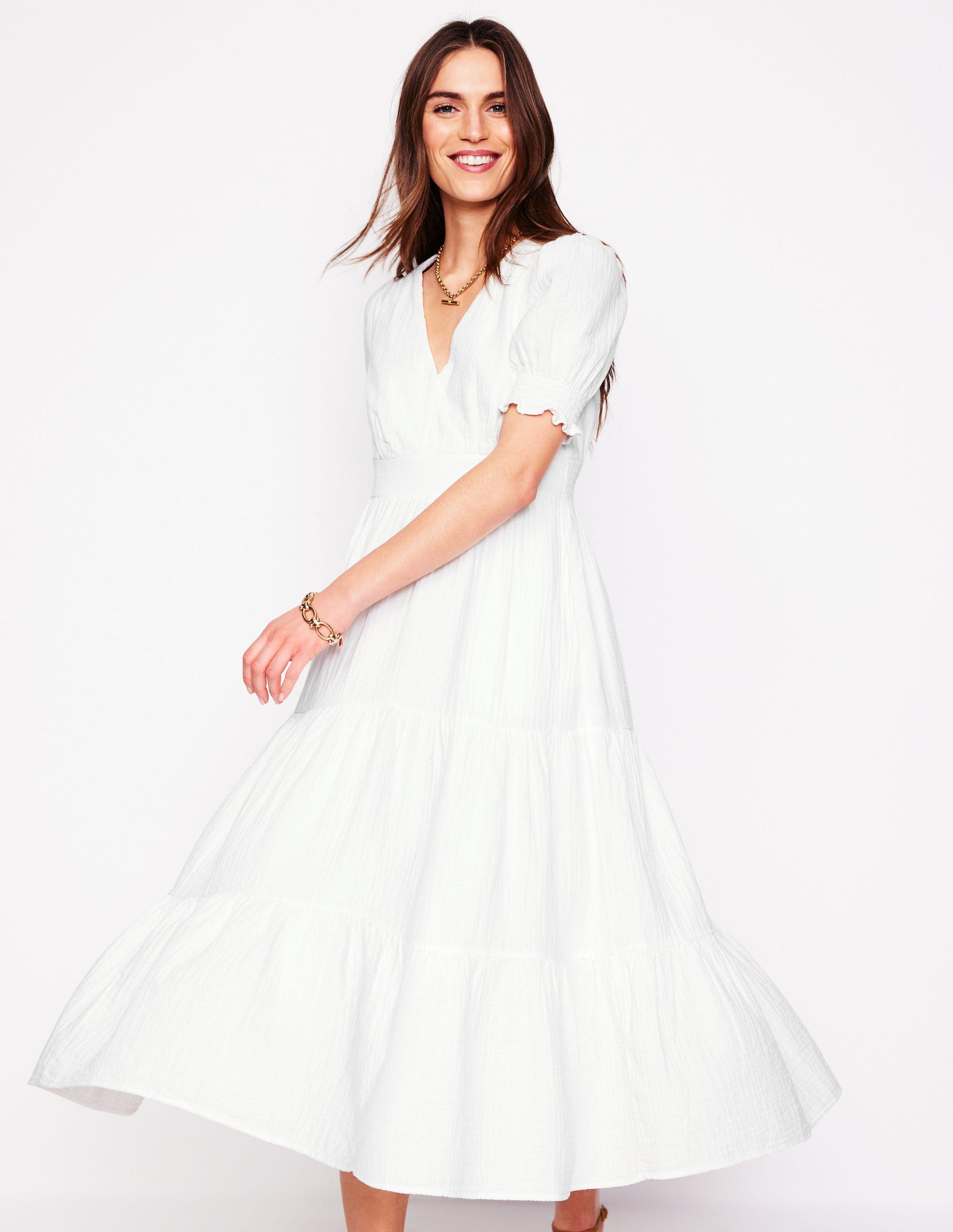 Anna Double Cloth Midi Dress-White | Boden USA Anna Double Cloth Midi Dress-White | Boden USA