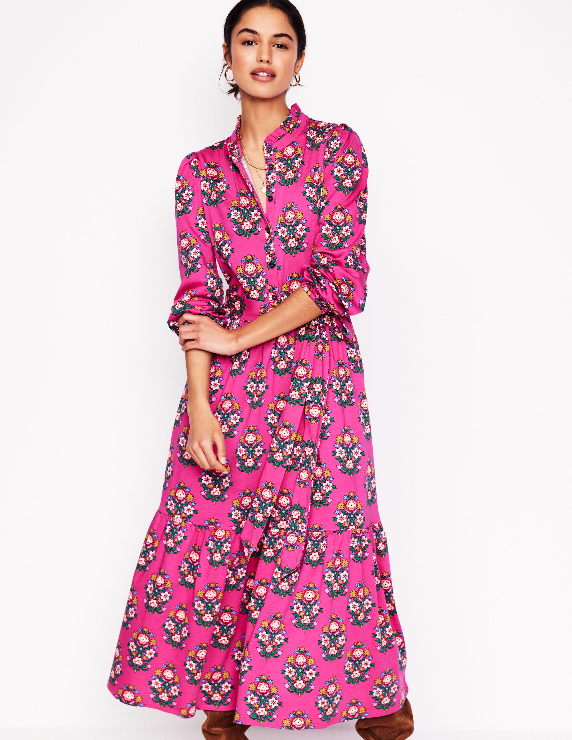 Willow Tiered Jersey Dress-Cosmos Pink, Wildflower Stamp - Image 1