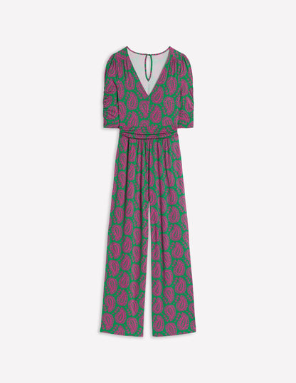 Ruched Waist Jumpsuit-Green, Paisley Heart