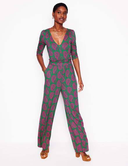 Ruched Waist Jumpsuit-Green, Paisley Heart