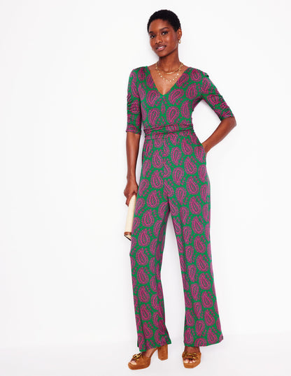 Ruched Waist Jumpsuit-Green, Paisley Heart