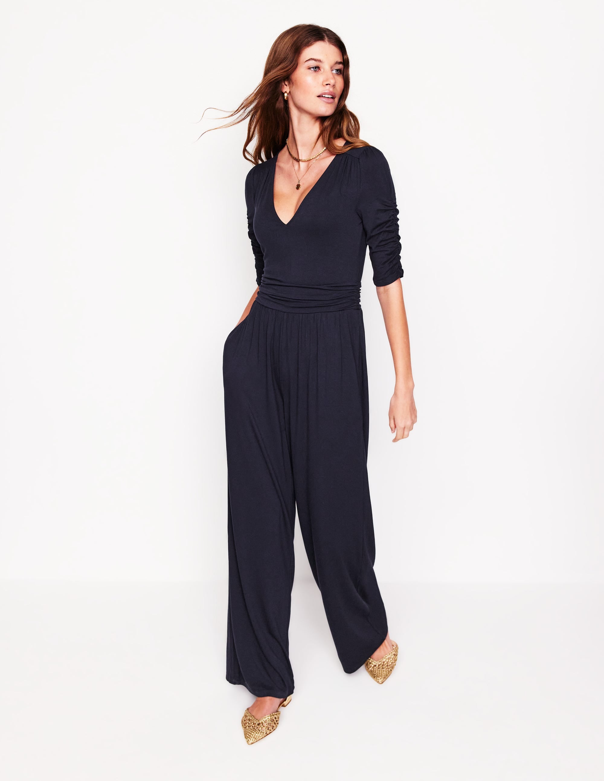 Ruched Waist Jumpsuit-Navy - Image 4