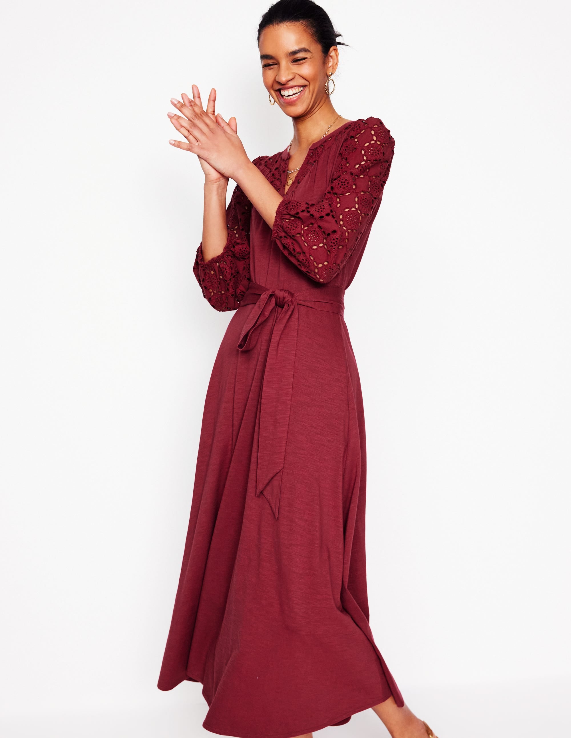 Eden Broderie Jersey Dress-Garnet Red - Image 1