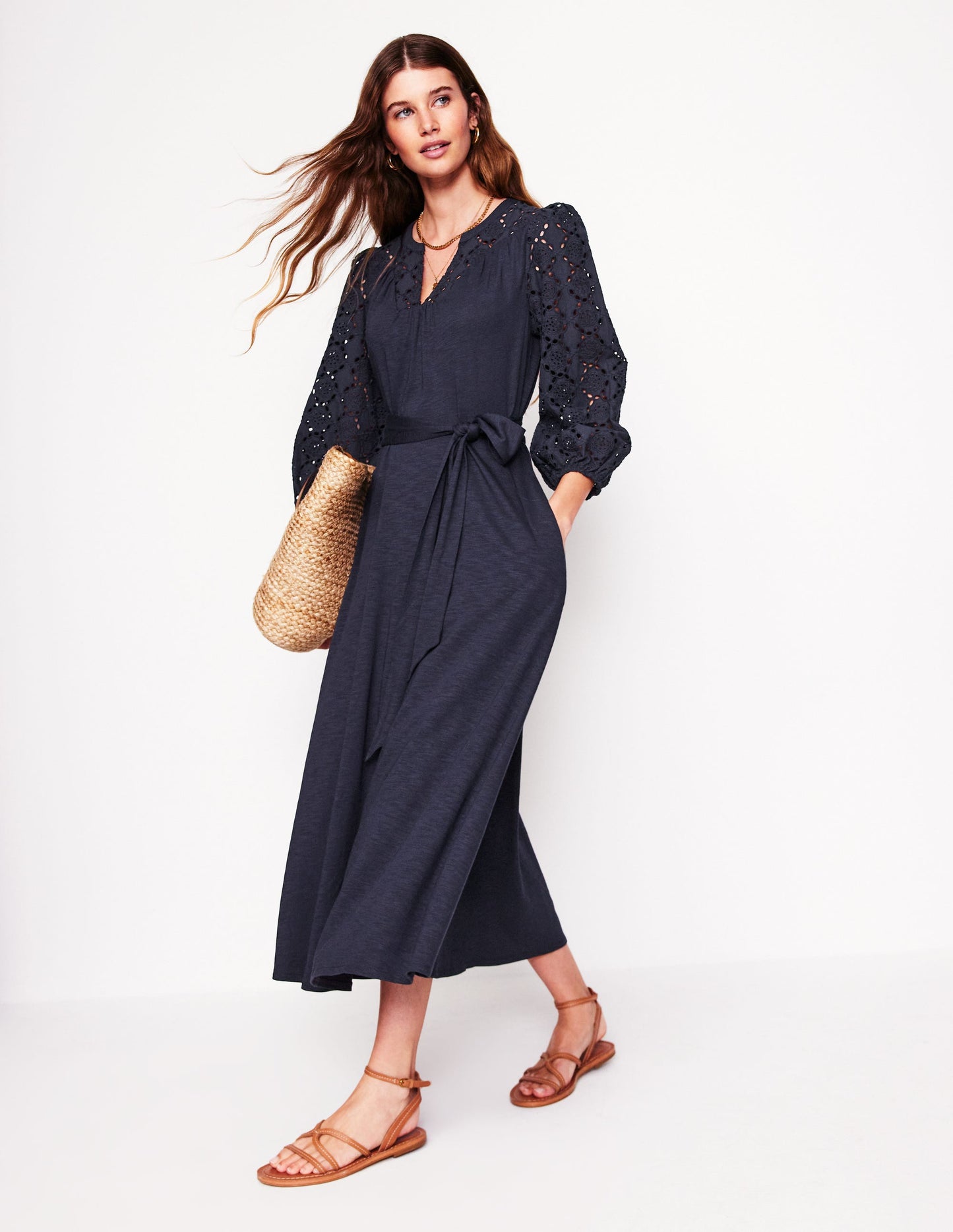 Eden Broderie Jersey Dress-Navy