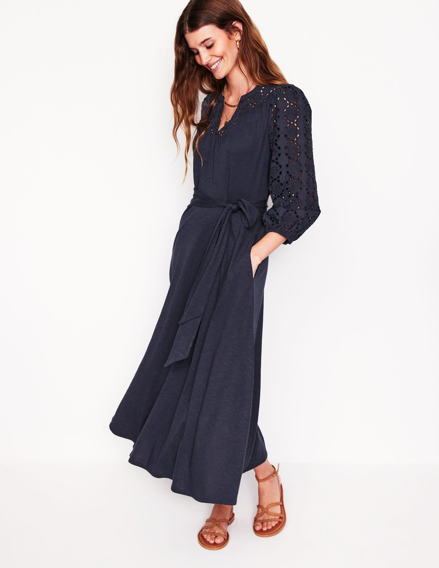 Eden Broderie Jersey Dress-Navy